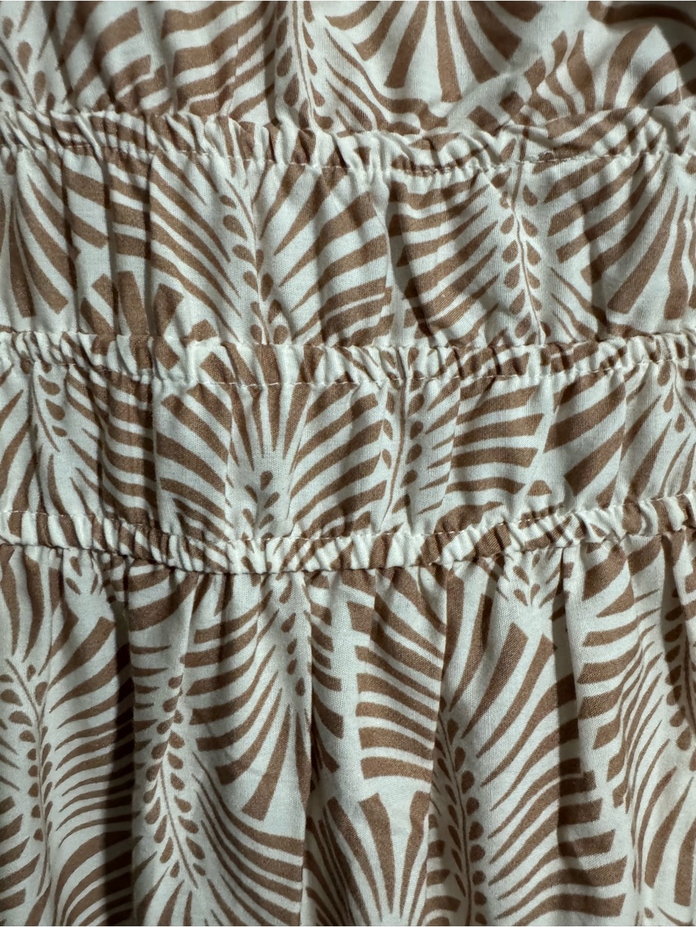 Like New Anthropologie Cream and Tan Fan-Print Tiered Dress - Picture 3 of 4